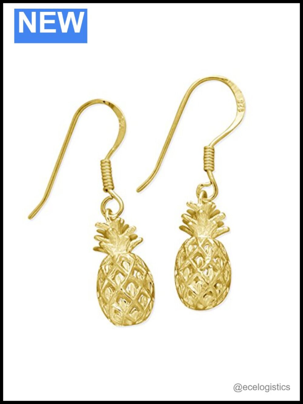 Yellow Gold Plated Sterling Silver Pineapple Dangle Earrings